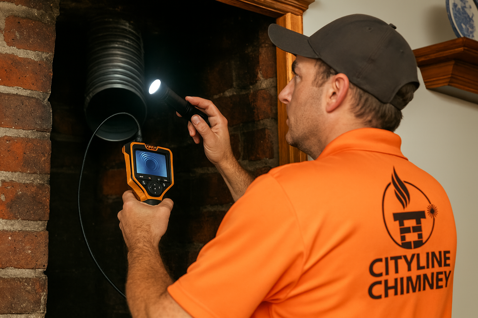 City Line Chimney Inspector Using Flashlight Boston Home
